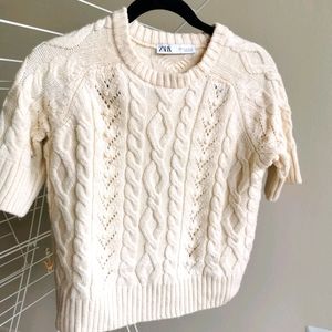 Zara Cream Short Sleeve Knit Top